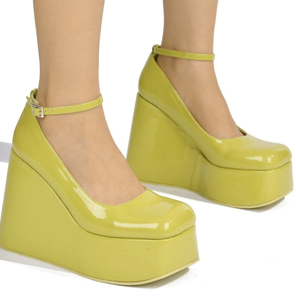 Cape Robbin Glossy LIME GREEN Platform Wedges